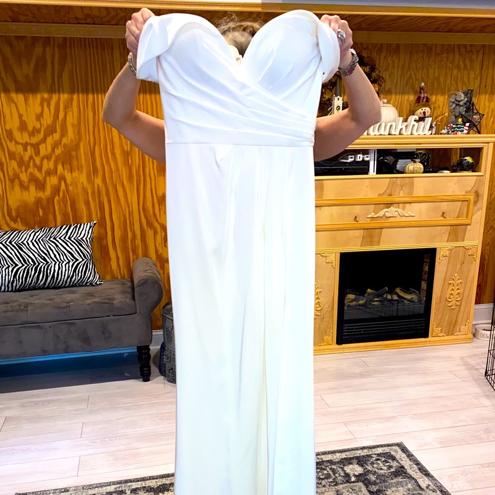 White over the shoulder Atiana prom dress